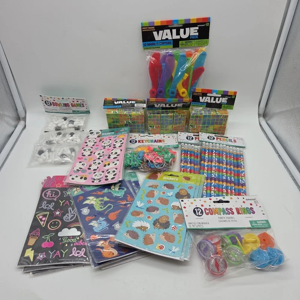 Large Lot Of Mixed Party Goodie Bag Favors For 12 Kids Pencils Keychain Bowling